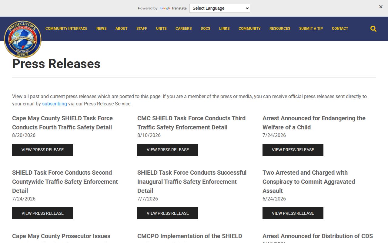Cape May County arrest news official Prosecutor Press page