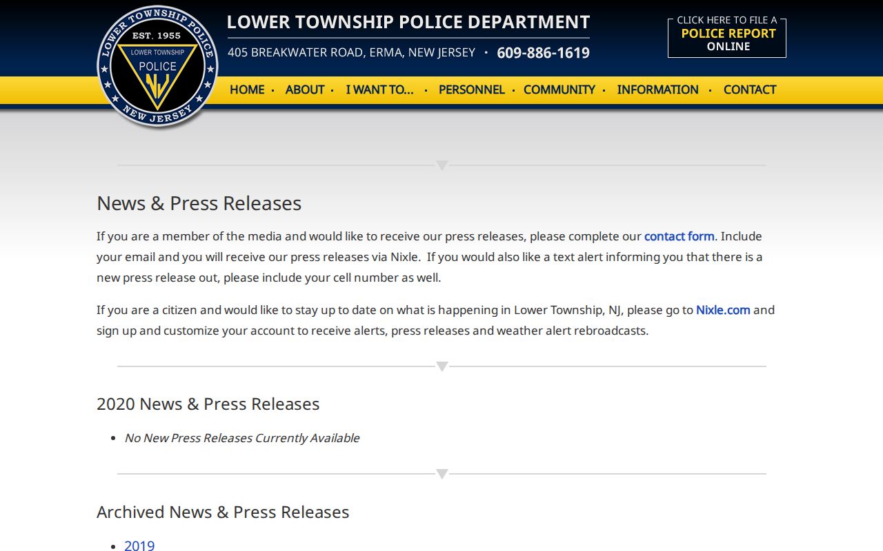 Lower Township Police official news archive for Lower Township arrest records