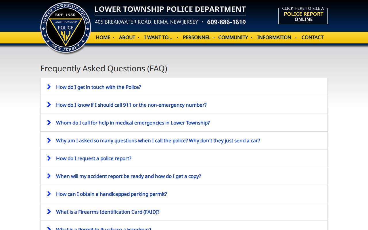 Lower Township Police official FAQ for Lower Township arrest record requests