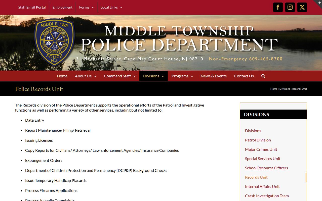 Middle Township Police Records Unit source for Middle Township arrest records