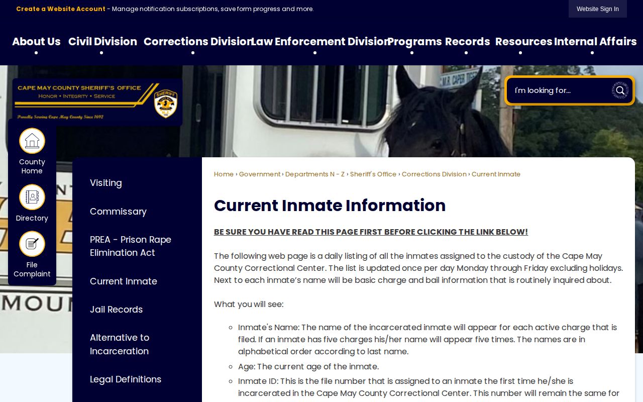 Cape May County current inmate record page with custody update information